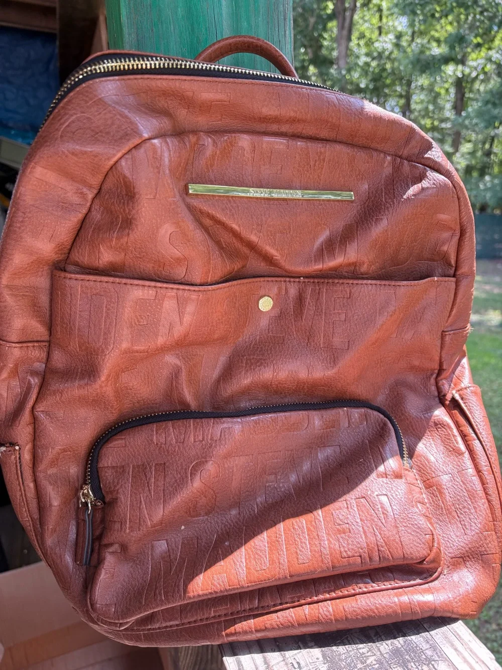 Steve Madden Brown Logo Embossed Backpack – Faux Leather Daypack